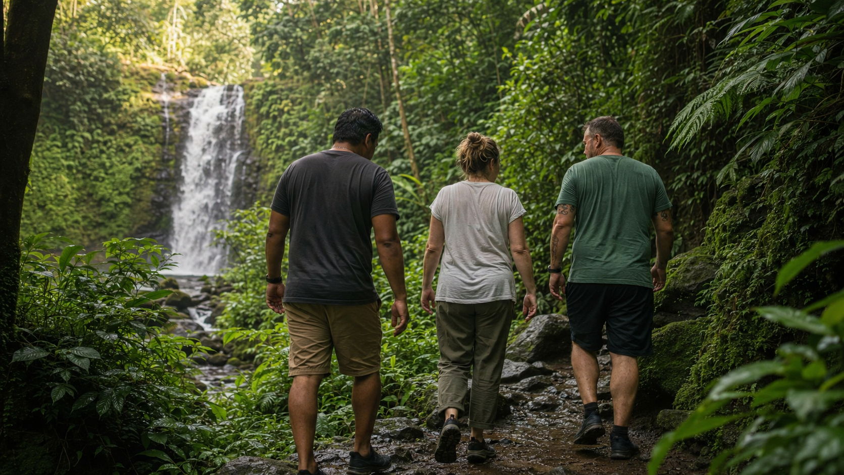 Foundations residents walking together through Bali's tropical landscape