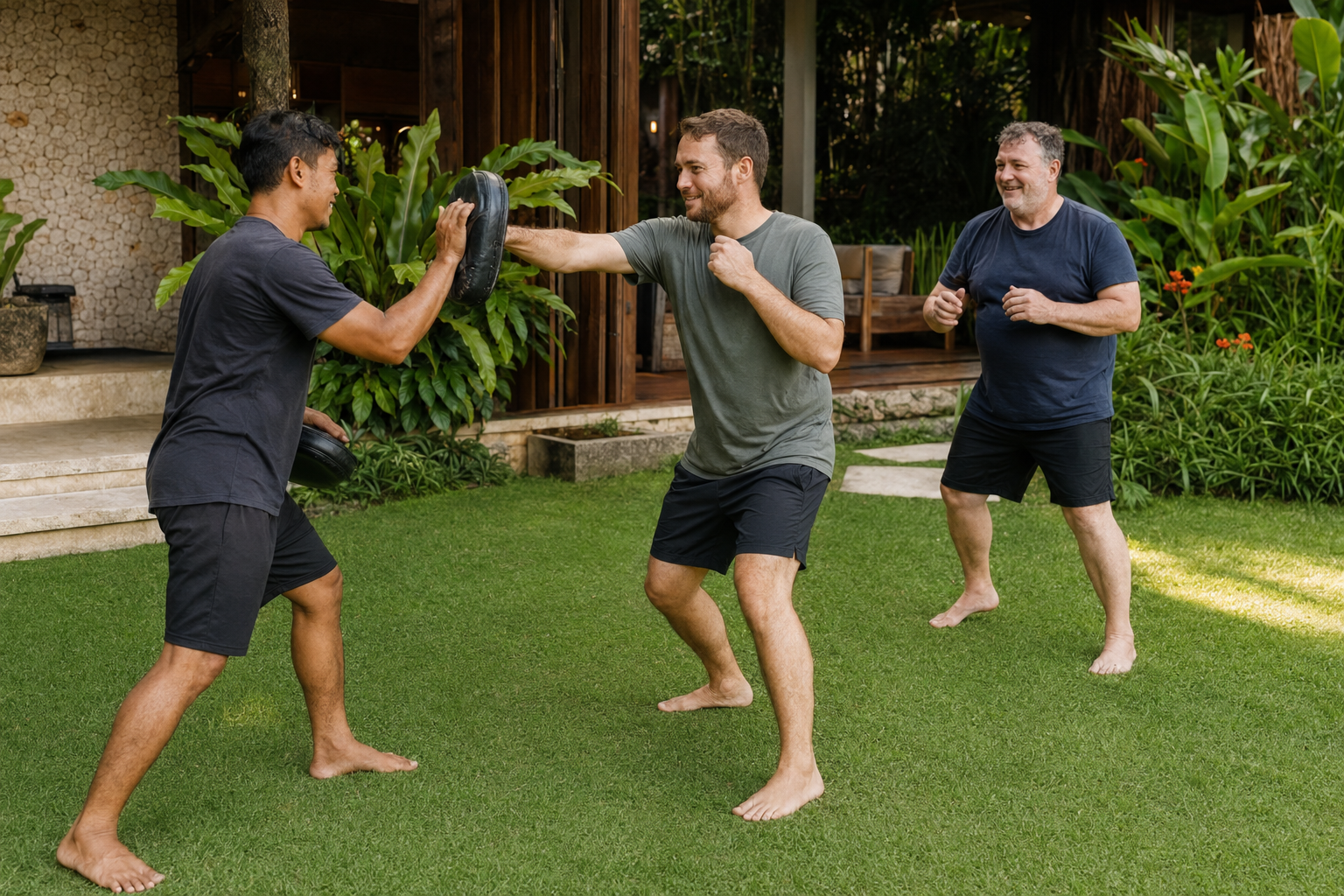 A supported outdoor movement session in a private Bali garden