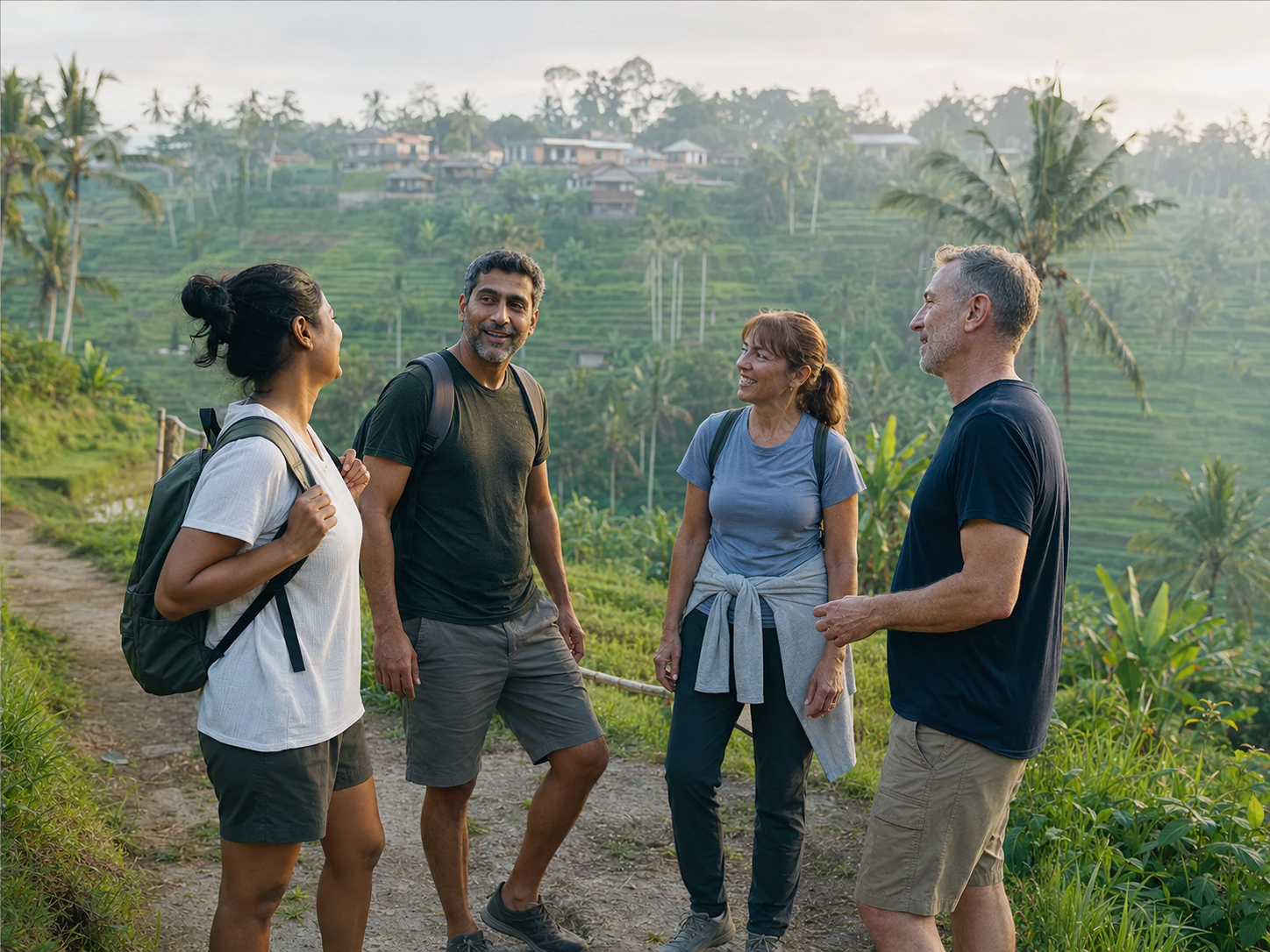 A diverse group of adults rebuilding confidence during a supported walk through Bali rice terraces